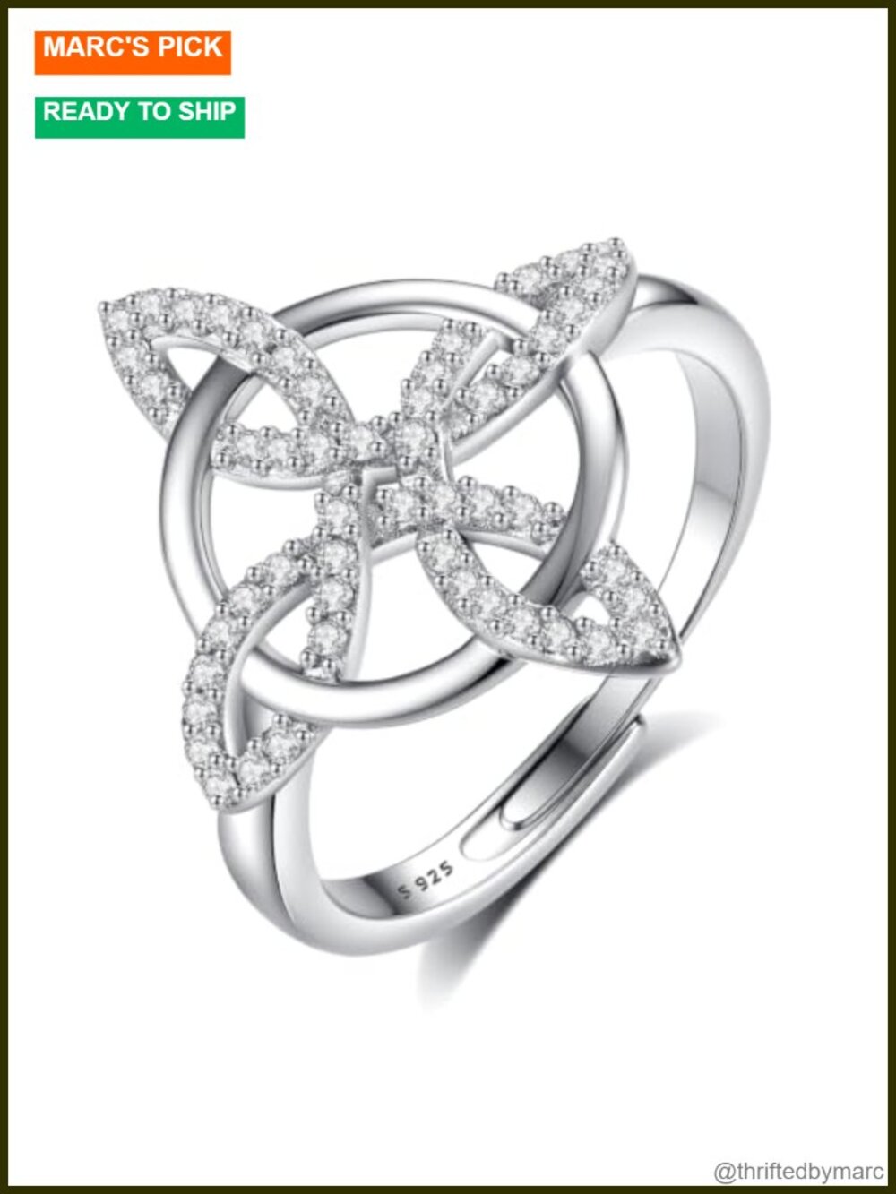 Celtic Knot 925 Sterling Silver CZ Adjustable Open Ring for Her
